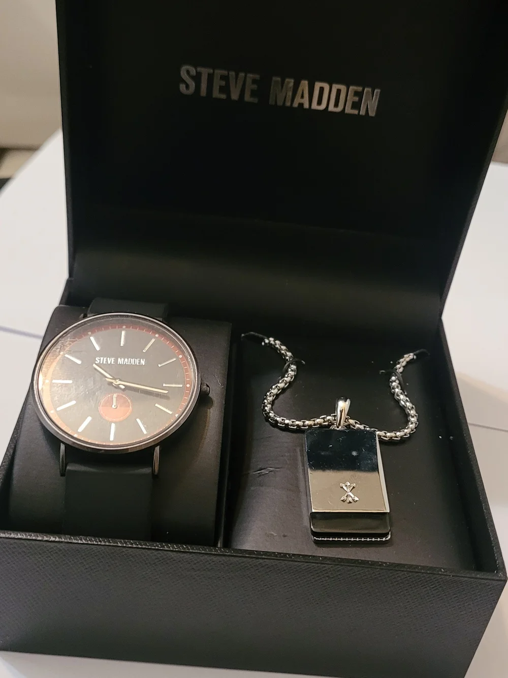 Steve Madden Men's Black and Rose Gold Watch and Pendant Gift Set